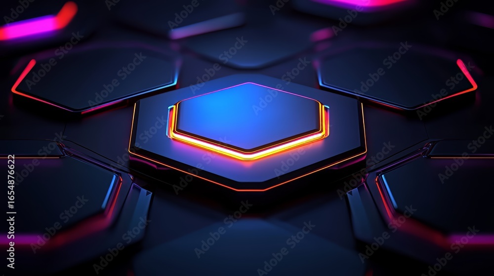 Poster close up of a black and red cube with a blue center. the cube is surrounded by other cubes of variou
