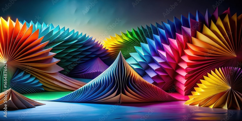 Poster abstract colorful folded paper landscape a vivid display of geometric shapes and dynamic curves in a