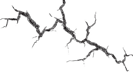 Broken stone crack with detailed concrete fractures transparent background. Concrete wall crack with small detailed cracks isolated transparent PNG texture