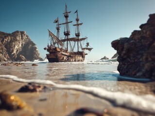 Tall Ship on Beach Approaching Shoreline Low Angle Pirate Ship with Sails and Masts on Sandy Beach with Cliffs