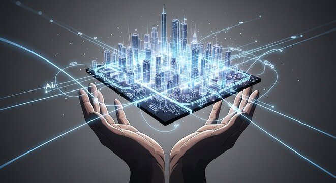 Futuristic city hologram on hands representing technological advancement
