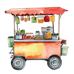 Watercolor Illustration of a Colorful Street Food Cart with Various Delicacies