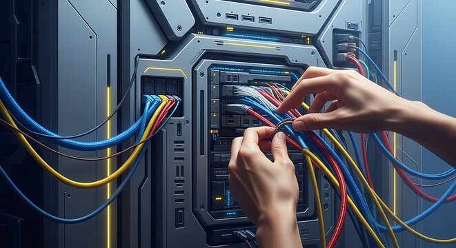 Hands connecting color-coded cables to a server rack, information technology infrastructure, server maintenance for digital network - Powered by Adobe