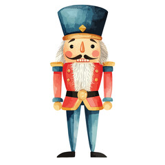 Watercolor Illustration of a Festive Nutcracker Soldier in Uniform Standing Proudly