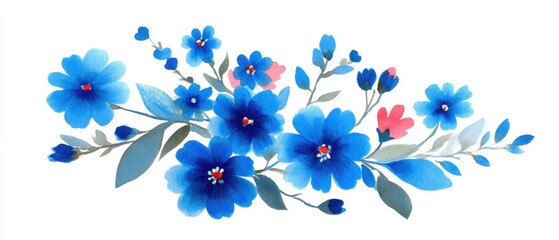 Fototapeta premium Watercolor Floral Arrangement of Blue Flowers with Pink Accents on White Background Delicate Artistic Style