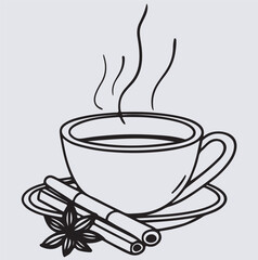a cup of milk masala tea with cinnamon stick silhouette vector art illustration, cup of coffee with steam