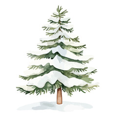 Watercolor Illustration of a SnowCovered Evergreen Tree with a Brown Trunk