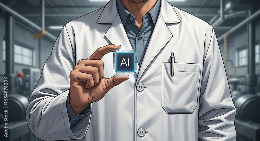 Poster innovative ai microchip technology displayed by scientist in lab coat