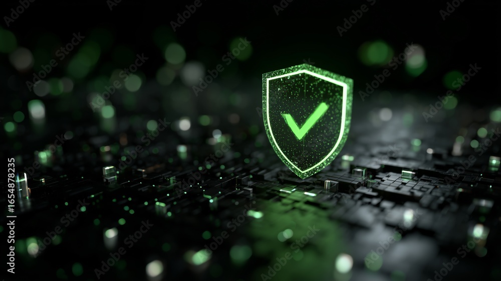 Aufkleber digital technology background with a green security shield icon, with a check mark, concept for cybe