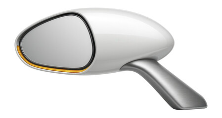 Teardrop-shaped side mirror with glossy white paint and LED indicator strip