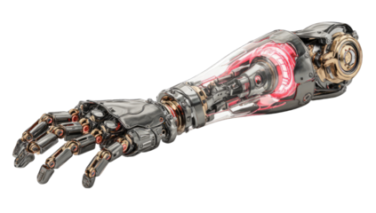A detailed, highly-stylized robot arm