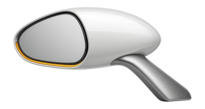 Teardrop-shaped side mirror with glossy white paint and LED indicator strip