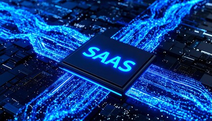 A technological illustration of cloud-based software services, showcasing a central processor with the acronym SaaS prominently displayed against a complex network of digital pathways.