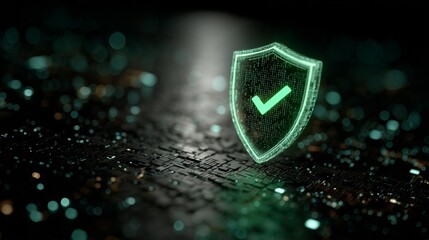 Digital technology background with a green security shield icon, with a check mark, concept for cyber security and data protection technology digital cybersecurity.