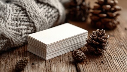 Blank business cards on rustic wood, surrounded by knitwear and pine cones