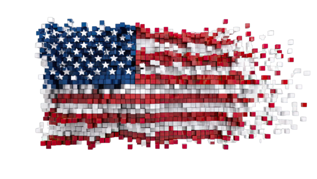 American flag composed of fragmented cubes
