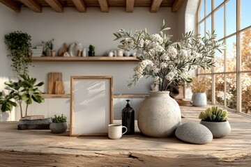 Rustic kitchen setting with white flower vase and decorative objects on table