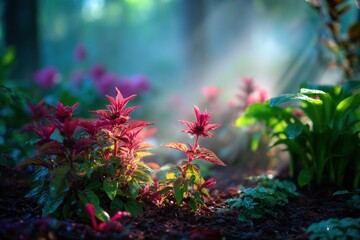 Bee Balm plants in misty garden sunlight close up nature photography magical hour botanical beauty serene peaceful outdoor setting