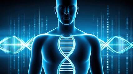Human silhouette DNA strand genetic code blue light science technology background medical research biotechnology digital illustration futuristic design anatomy molecular structure digital health - Powered by Adobe