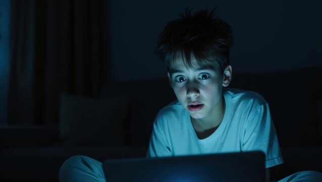 Young boy looking at laptop screen in dark room with shocked expression