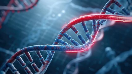 DNA strand genetic material molecular structure blue red close up science research biotechnology gene editing laboratory futuristic double helix microscopic medical technology precision biology - Powered by Adobe