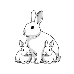 Fototapeta premium A mother rabbit and her two young bunnies, depicted in a simple black and white illustration.