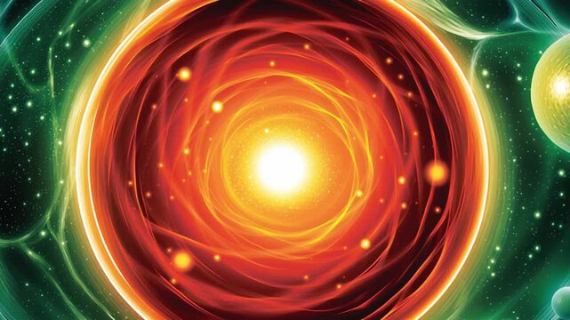 Glowing bright red and yellow core with green spherical objects and swirling energy patterns showcasing cosmic atomic light and vibrant energy in dynamic atomic nucleus illustration