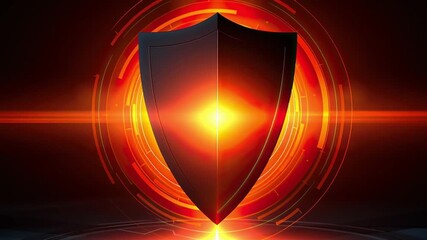 Glowing red shield with bright orange and red futuristic light effects surrounded by circular digital elements symbolizing protection cybersecurity security technology and radiant light - Powered by Adobe