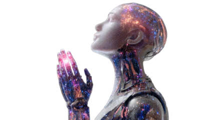 A digital art depiction of a praying android