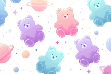 A whimsical pattern showcases pastel teddy bears and planets in a playful space-themed design.