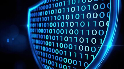 Futuristic digital shield glowing with neon blue binary code symbolizing advanced cybersecurity data protection and digital security in high tech environment with glowing neon light effects - Powered by Adobe