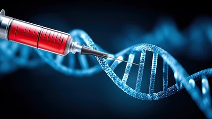 Glowing red syringe injecting blue DNA strand symbolizing genetic modification medical research biotechnology science healthcare injection genetic engineering innovation futuristic scientific - Powered by Adobe