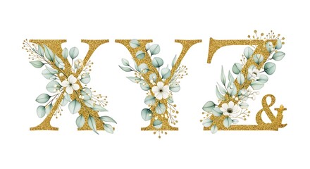Gold glitter alphabet letters x, y, z and ampersand decorated with eucalyptus leaves and flowers, isolated on white background