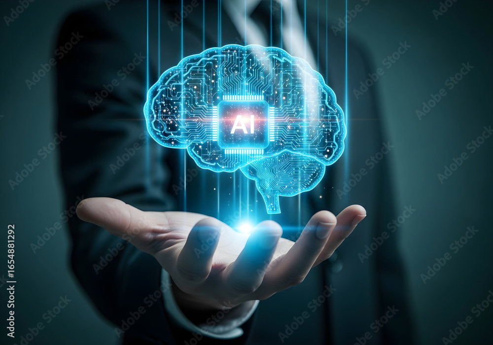Poster artificial intelligence ai brain technology concept for business innovation and solution ideas