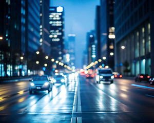 Fototapeta premium Blurry motion of cars and glowing lights on a wet city street at night