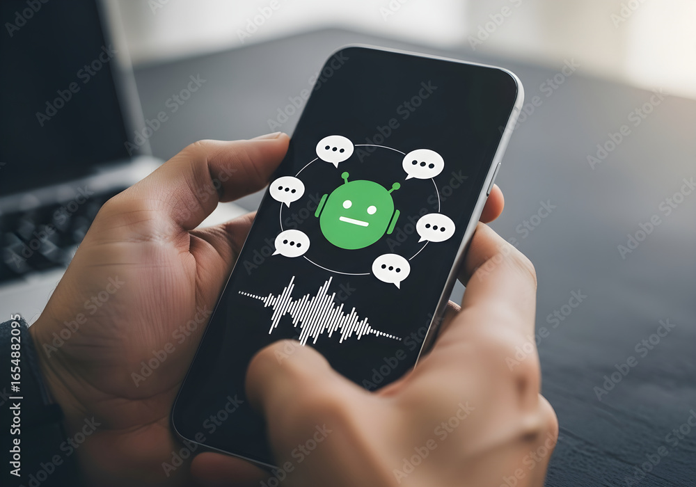 Poster chat bot ai assistant on mobile phone concept of digital transformation technology service