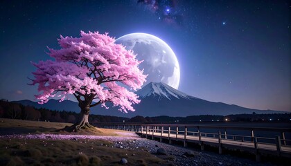Pink blossom tree, moonlit mountain