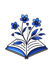 Clean white background with vector open book and minimalist blue flowers, representing learning, inspiration, and emotional evolution in a timeless aesthetic