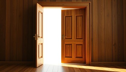 Open wooden door reveals bright white background,  white background,  space