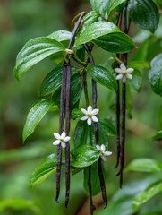 Obraz premium Vanilla plant close-up with flowers and pods, eye-level shot, lush green foliage, tropical setting, natural light