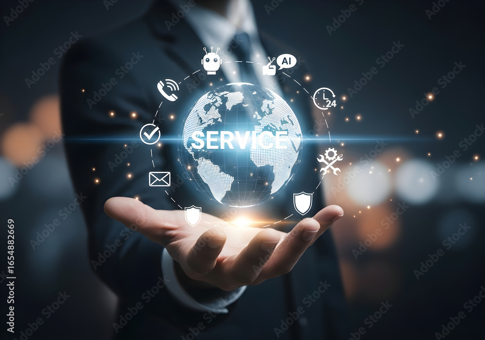 Aufkleber global customer service solutions and support network concept for business growth online now