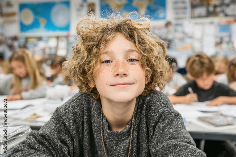 Poster smiling boy in a classroom setting surrounded by studying classmates