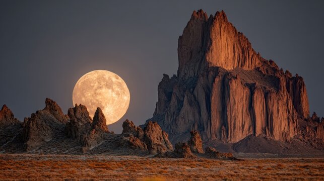 Full Moon Rising Behind Shiprock Formation New Mexico Landscape Photography at Dusk Golden Hour Light