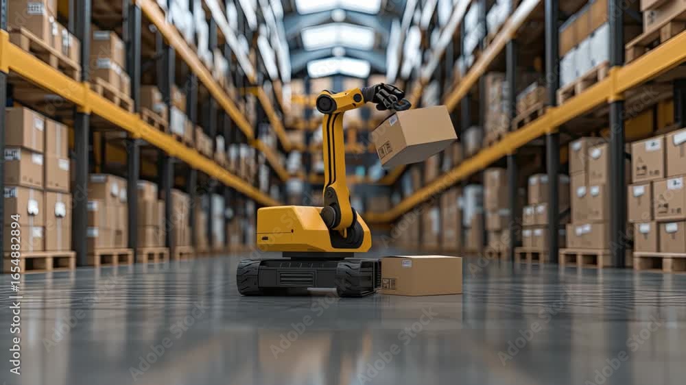 Poster a robotic arm moves boxes in a large storage facility focused on optimizing logistics and enhancing 