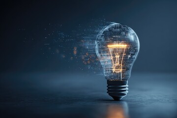 Illuminated lightbulb, digital code particles.  A glowing lightbulb, its glass subtly translucent, reveals inner glowing filament.