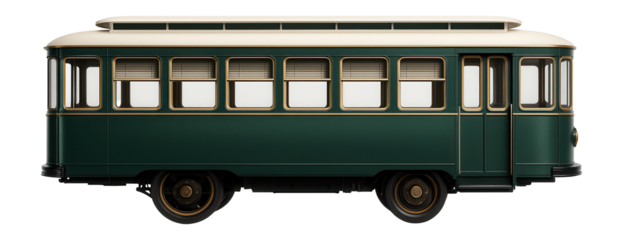 Period streetcar with narrow aisle and pull-down blinds on windows