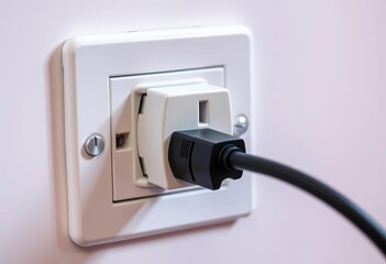 European white electrical outlet with black plug inserted,  power cord,  home