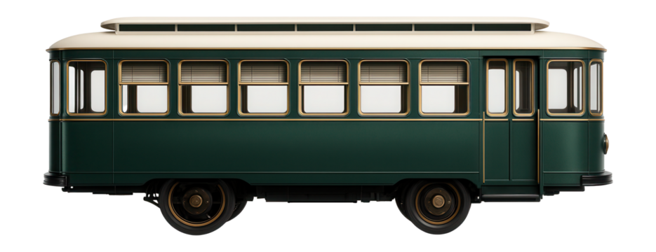 Period streetcar with narrow aisle and pull-down blinds on windows