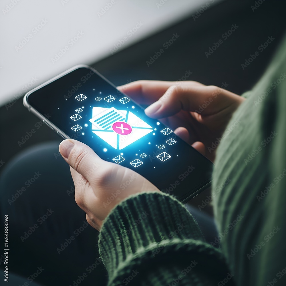 Aufkleber person holding a smartphone displaying a glowing shield icon with digital data and security symbols