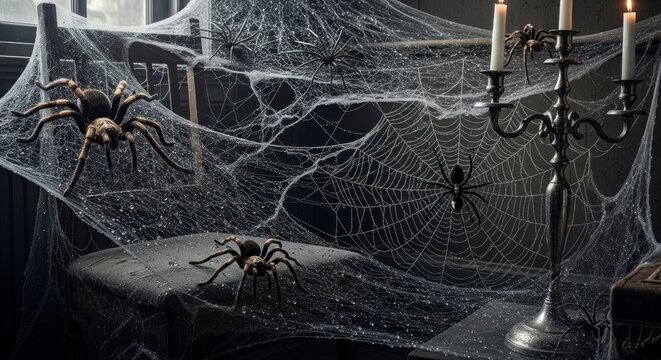Spiders and webs dominate a rooms staged Halloween display draped across furniture and a candelabra with lit candles - Powered by Adobe